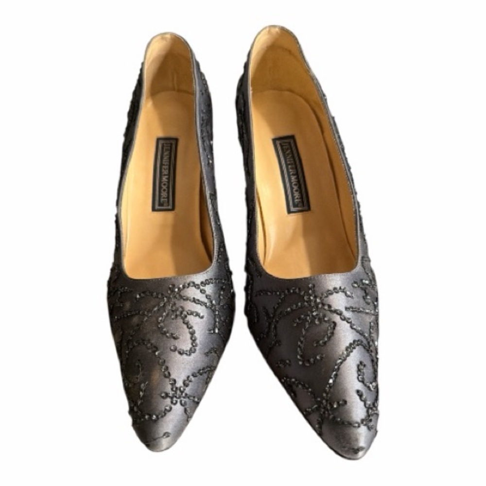Vintage Jennifer Moore Satin Gray Silver Embellished Heels